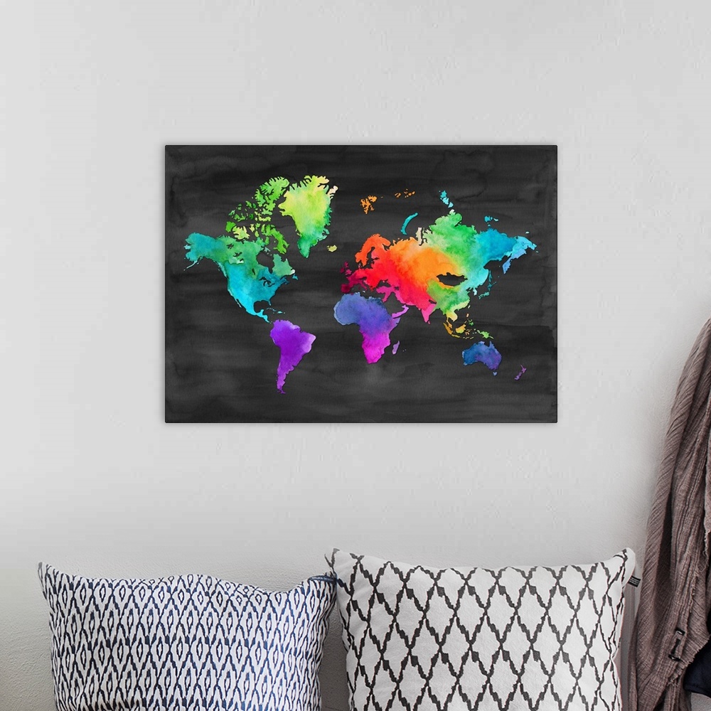 A bohemian room featuring Watercolor painting of the world map done in vibrant neon multi-colors on black.