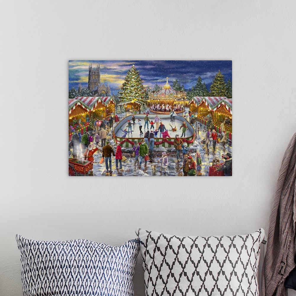 A bohemian room featuring A traditional painting of a holiday carnival scene featuring a skating rink, manger and carousel.