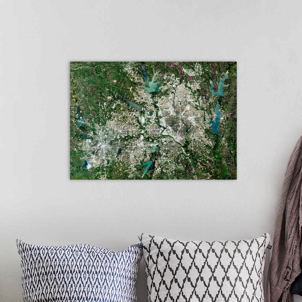 A bohemian room featuring Dallas, Texas, USA, satellite image. North is at top, water is blue, urban areas are grey and veg...