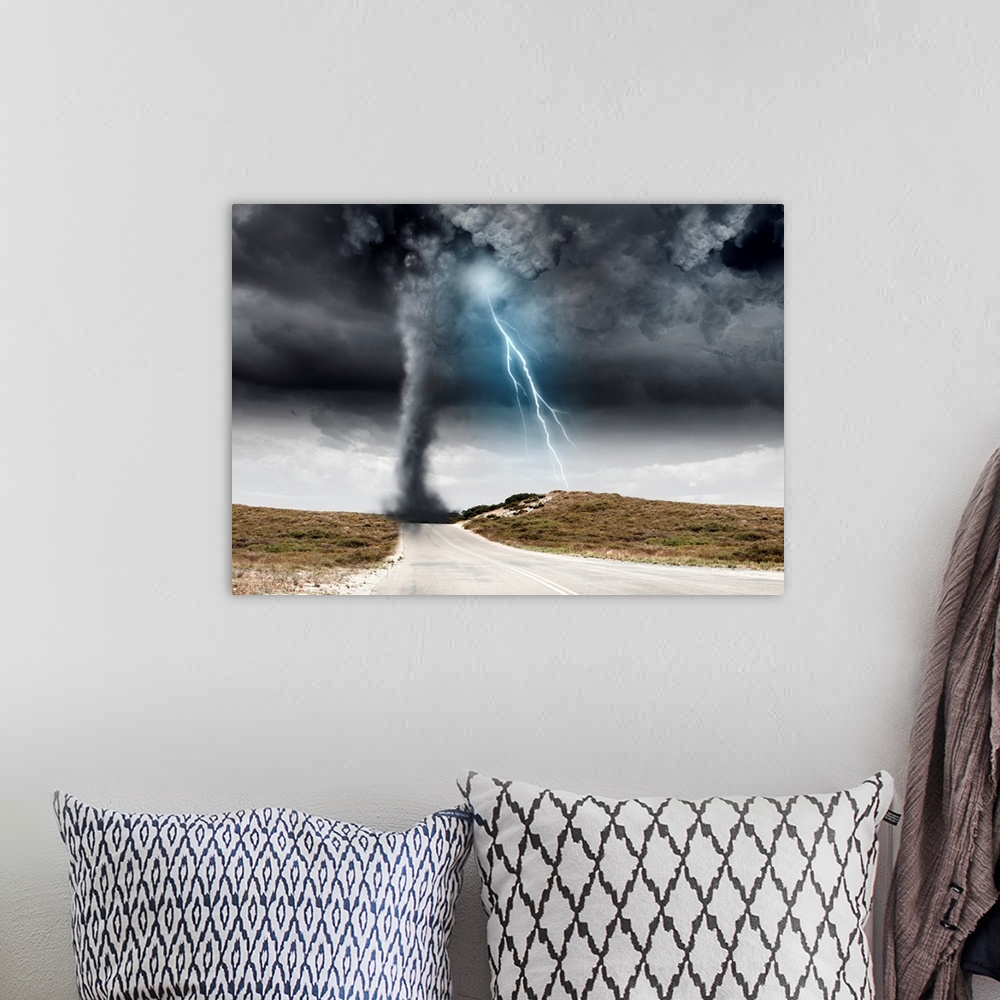 A bohemian room featuring Powerful tornado and lightning above countryside road.