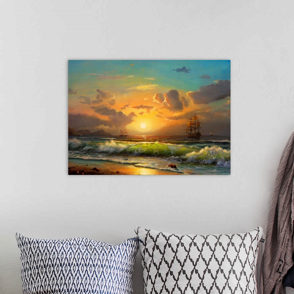 A bohemian room featuring sailboat against a background of sea sunset, Oil painting