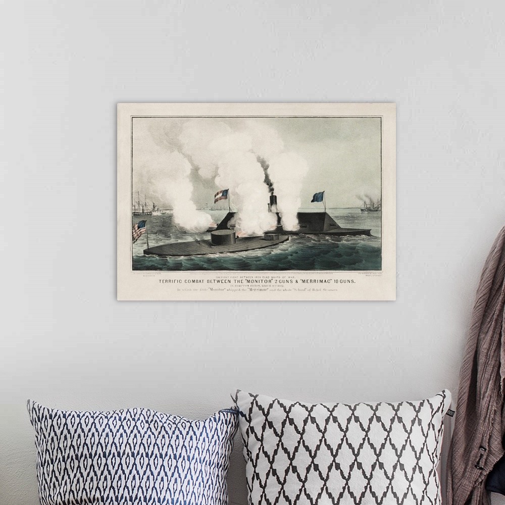 A bohemian room featuring Civil war print depicts the Monitor vs. the Merrimac during the Battle of Hampton Roads in March ...