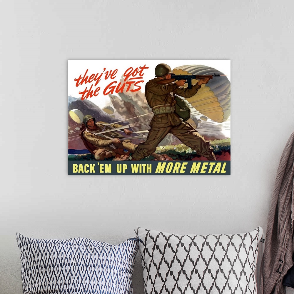 A bohemian room featuring Large, horizontal vector war propaganda poster. This vintage World War II poster features airborn...