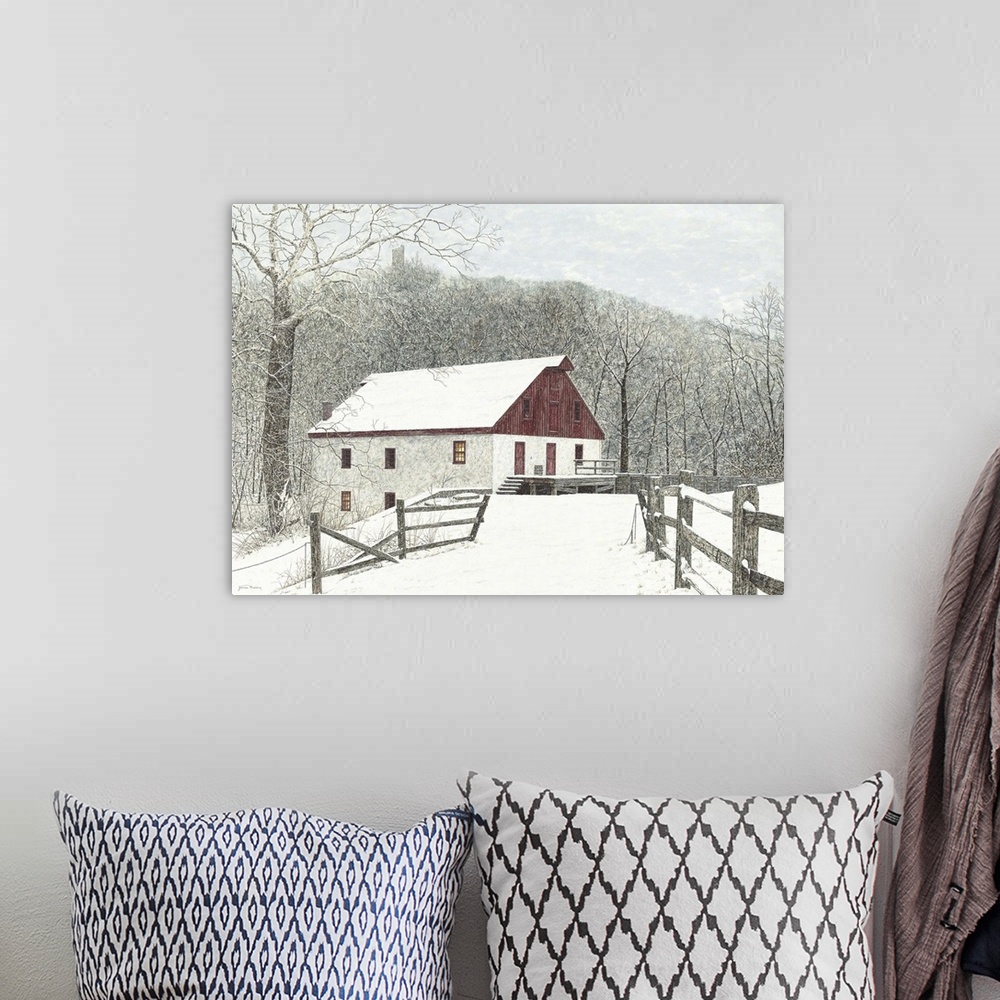 A bohemian room featuring A contemporary painting of snow fall at a red and white mill house in the mountains.