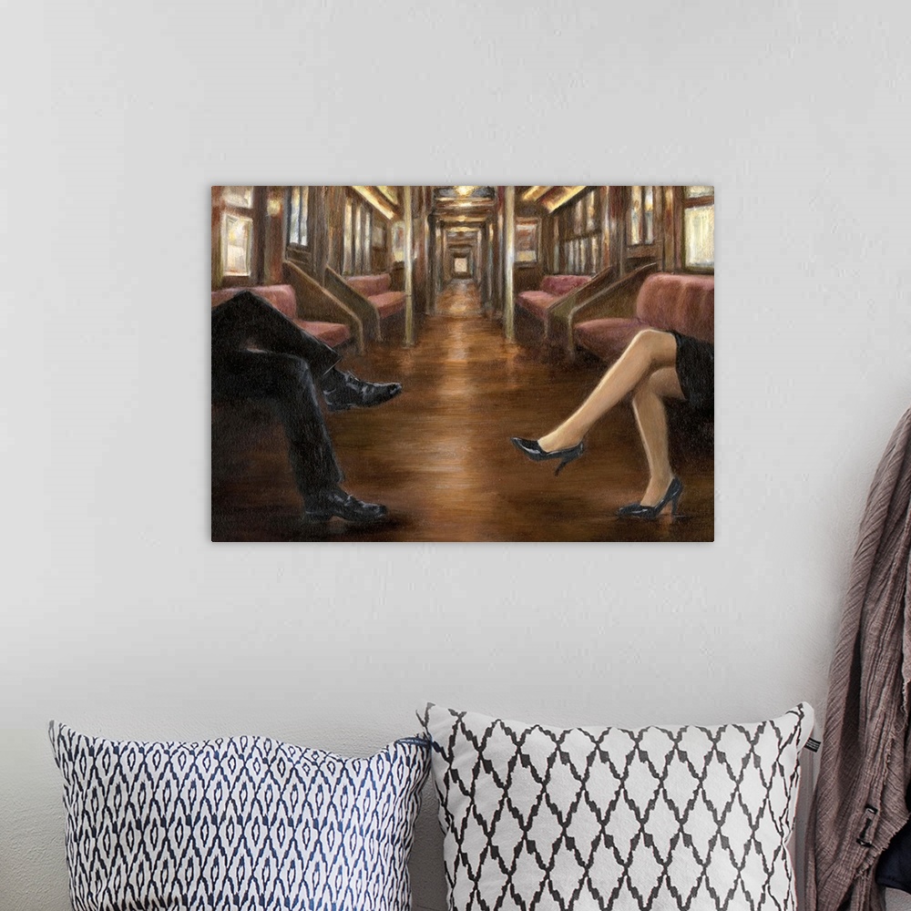 A bohemian room featuring Contemporary painting of the inside of a train with only the legs of a couple visible.