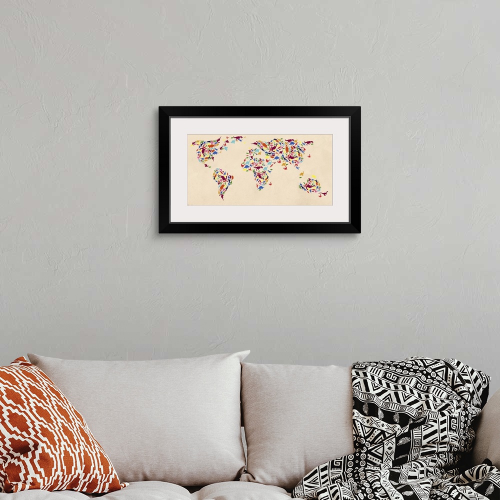 A bohemian room featuring World map comprised of different colored dinosaurs.