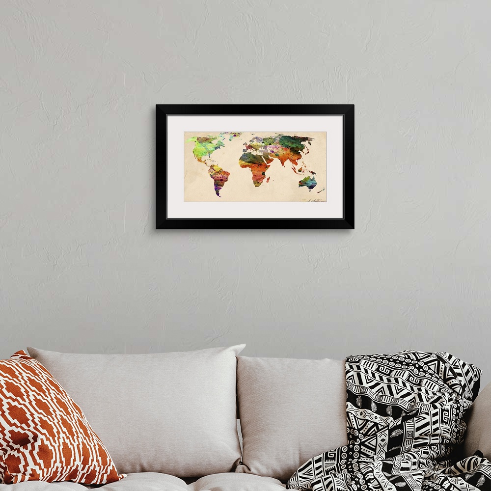 A bohemian room featuring Contemporary artwork of an artistic wold map in watercolor