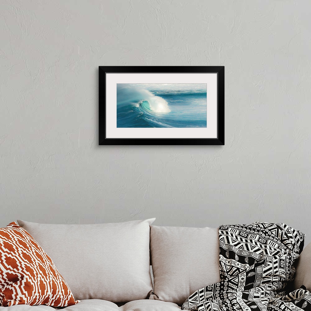 A bohemian room featuring Close-up photograph of a large crashing wave in Maui.