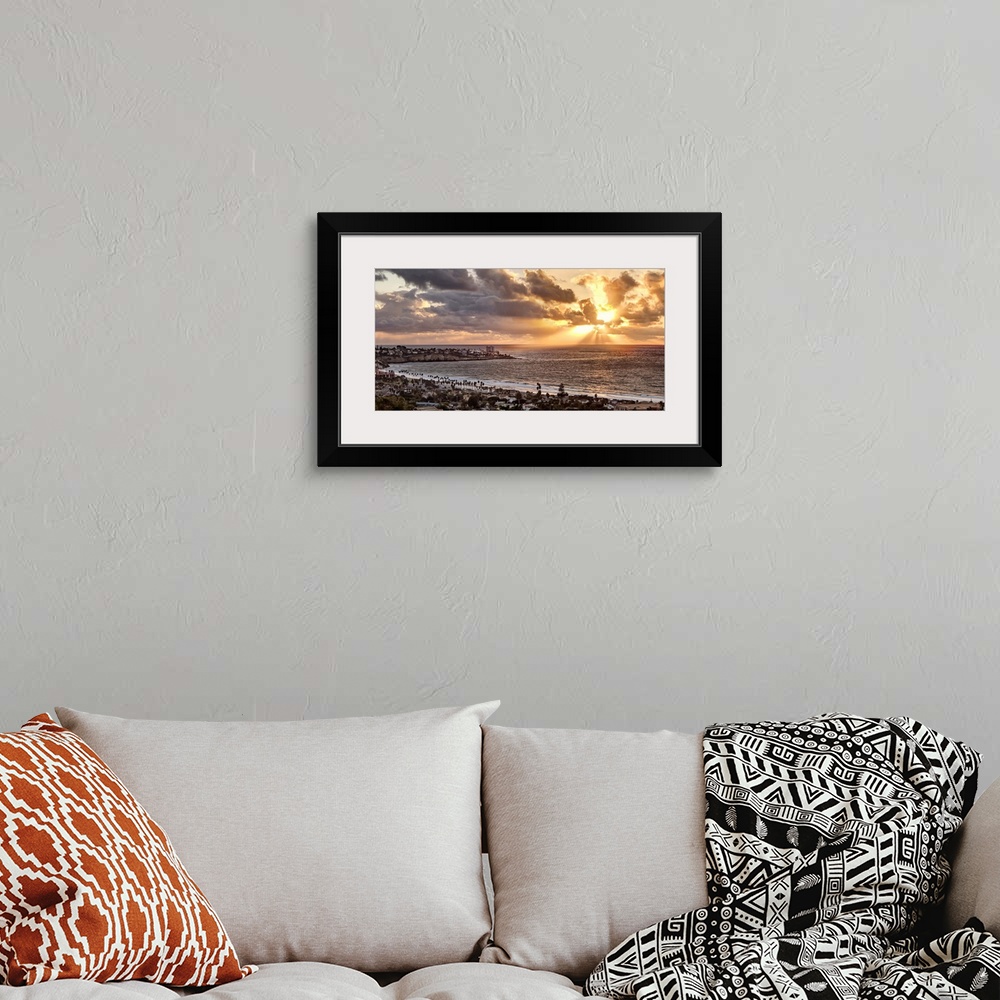 A bohemian room featuring USA, California, La Jolla, Panoramic view of La Jolla Shores and the village at sunset