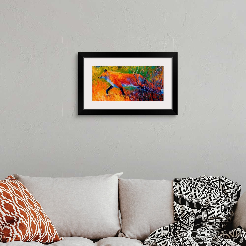 A bohemian room featuring Contemporary artwork that uses vibrant colors to paint a fox as it walks through a grassy field.