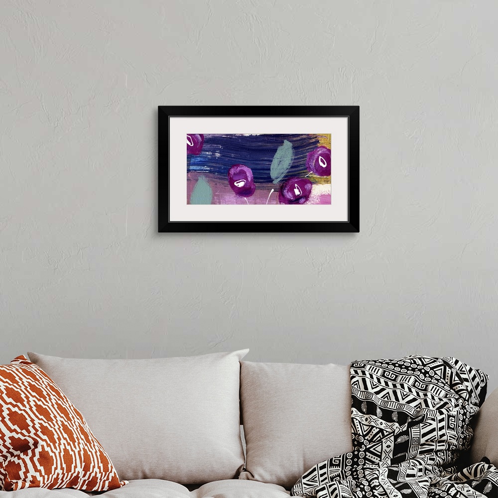 A bohemian room featuring Contemporary vibrant colorful painting using purple and pink tones with flowers and abstract elem...