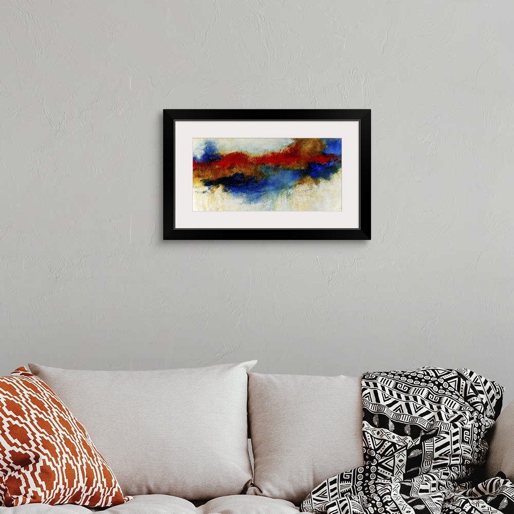A bohemian room featuring Landscape contemporary artwork for a living room or office of a vibrant cloud of various colors t...