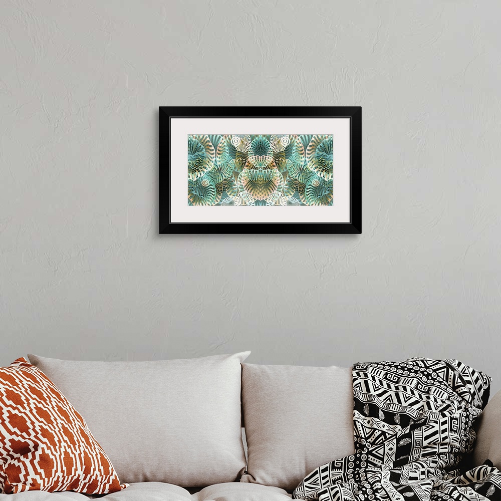 A bohemian room featuring Contemporary digital artwork of striped organic shapes in pale orange and sea green.