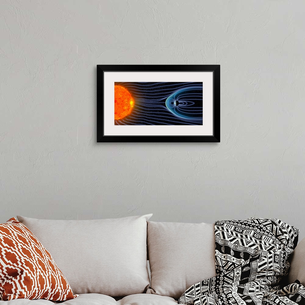 A bohemian room featuring Earth's magnetosphere. Computer artwork showing the interaction of the solar wind with Earth's ma...
