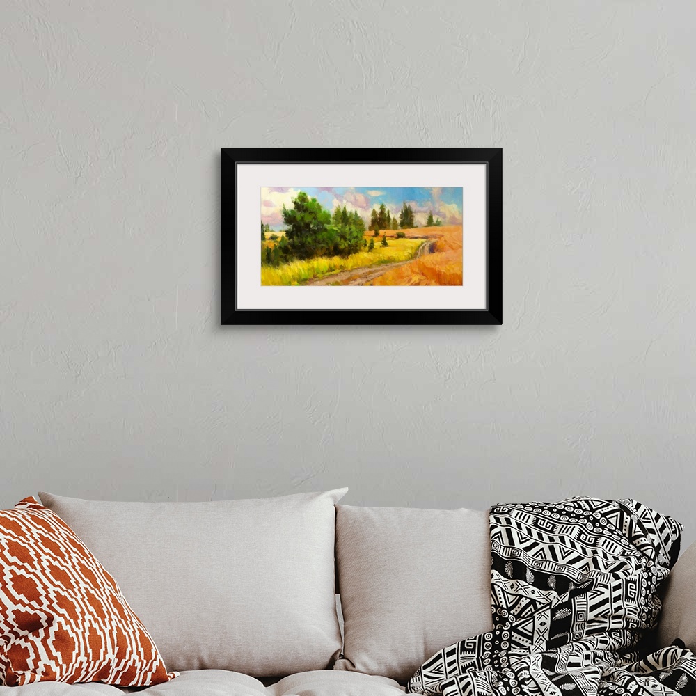A bohemian room featuring Traditional impressionist landscape painting of a country dirt road winding through a golden mead...