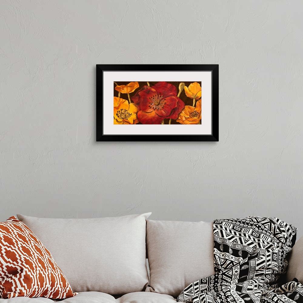 A bohemian room featuring Panoramic contemporary art depicts a group of poppy flowers and buds sitting against a earth tone...