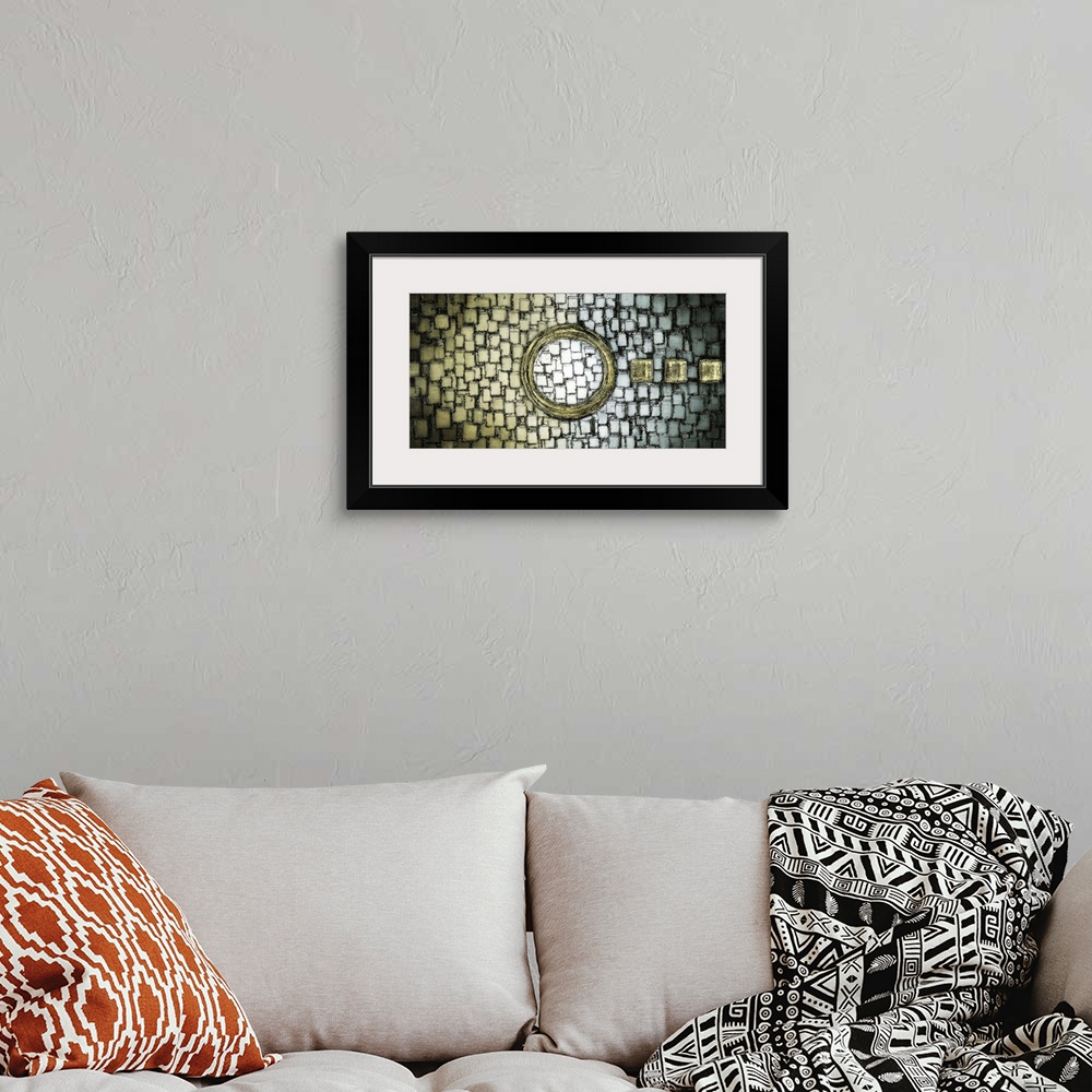 A bohemian room featuring Large abstract illustration with layered squares on the background and a large circle in the cent...