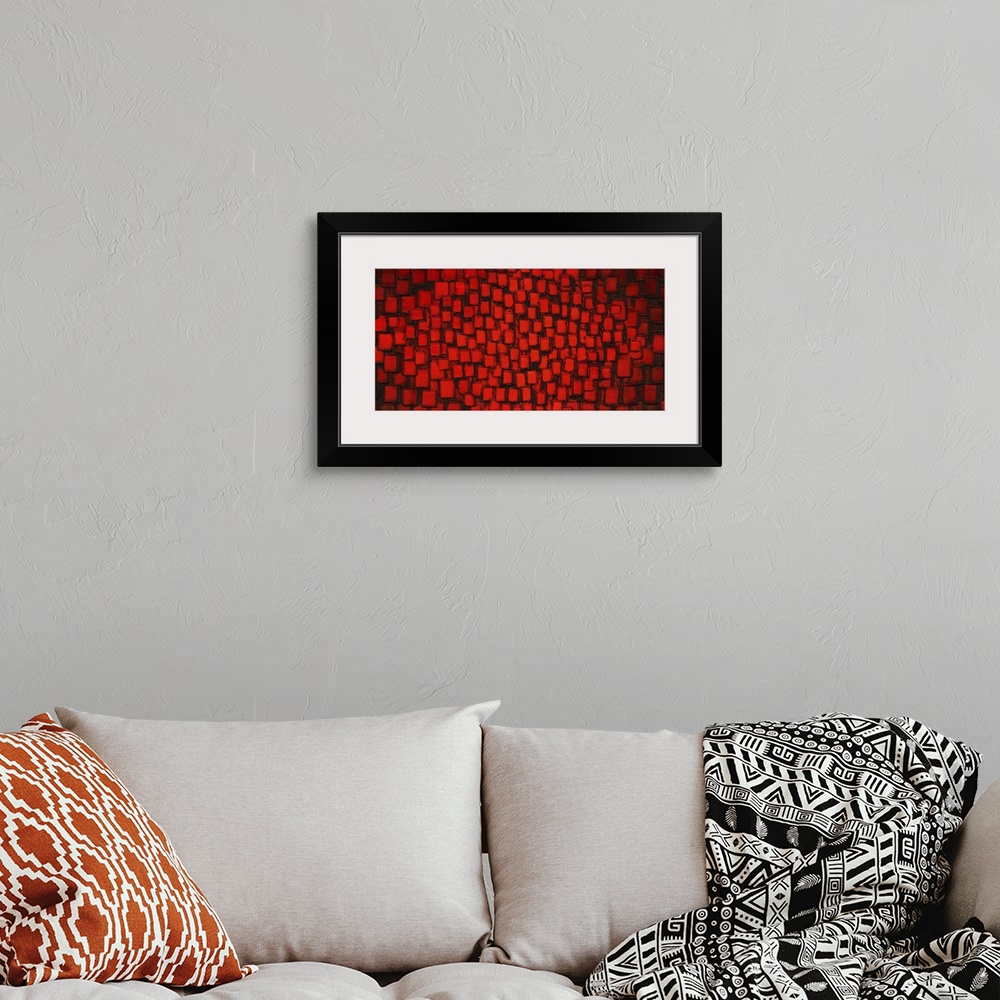 A bohemian room featuring Large abstract painting with bright red square layered on top of each other with dark black highl...