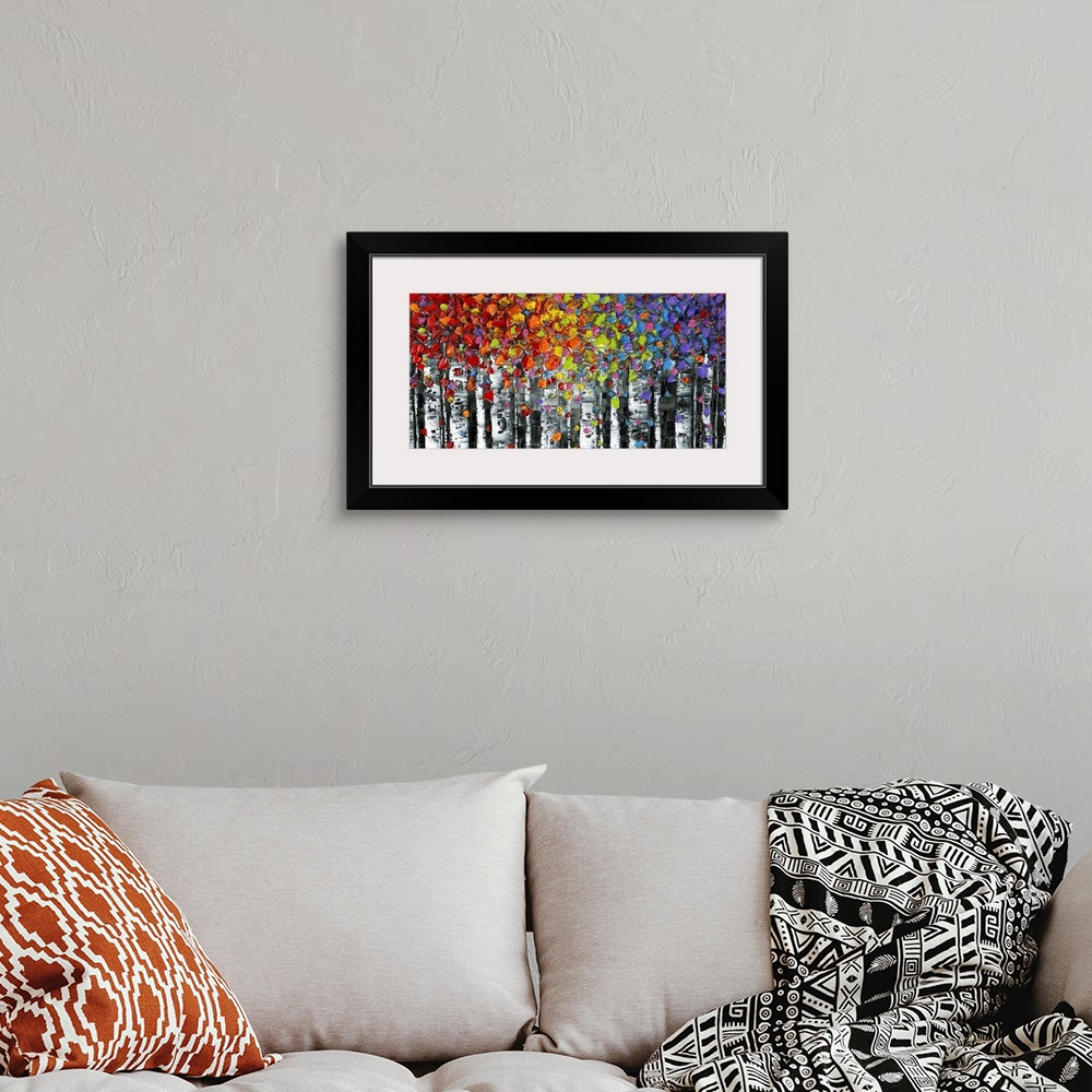 A bohemian room featuring Contemporary multicolored birch trees in a forest landscape.