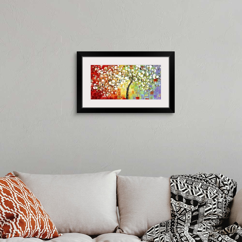 A bohemian room featuring Contemporary painting of a tree with white blossoming flowers on a colorful background creates wi...