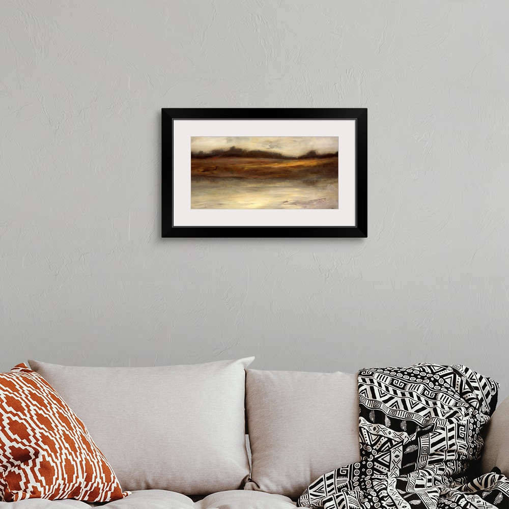 A bohemian room featuring Contemporary abstracted landscape painting using muted earthy tones.