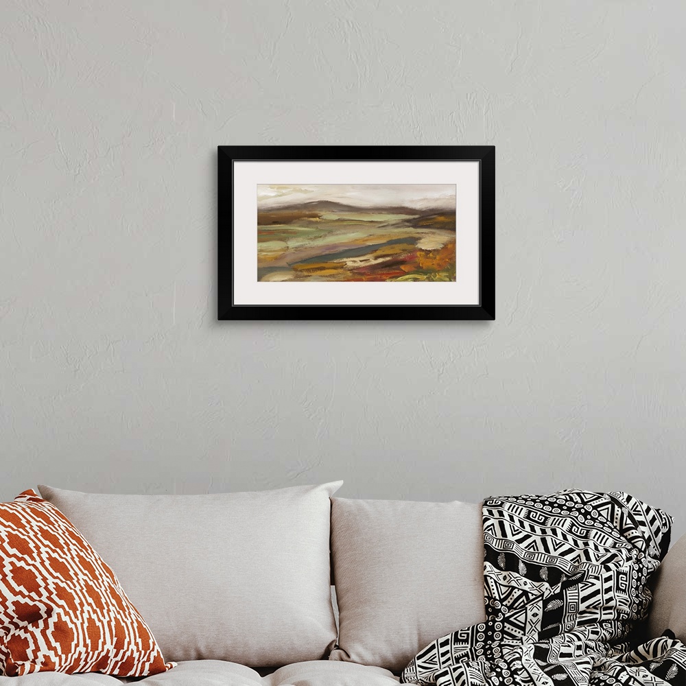 A bohemian room featuring Contemporary abstracted landscape painting using muted earthy tones.