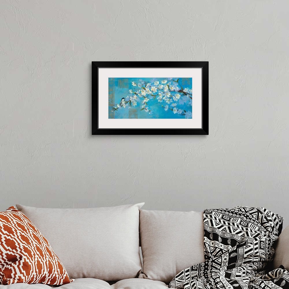 A bohemian room featuring Close up painting of a branch of blooming flowers against a cool background with additional ornat...
