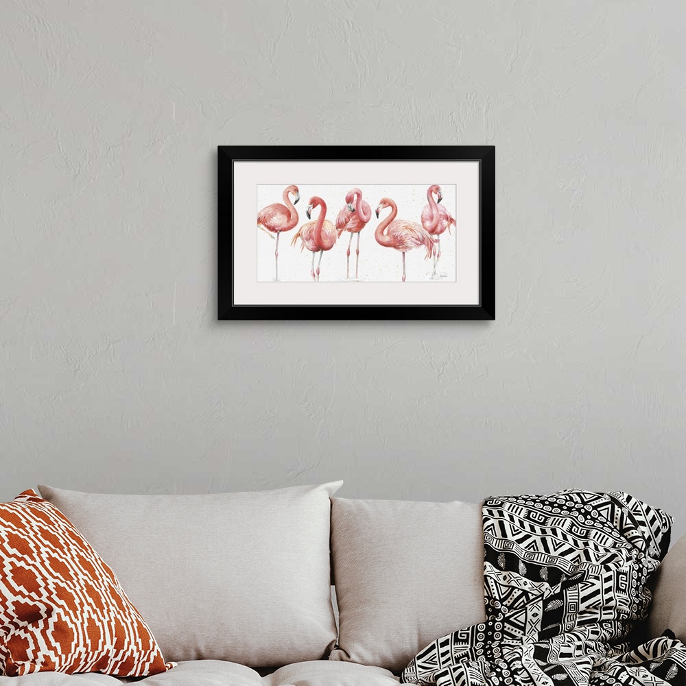 A bohemian room featuring Horizontal watercolor painting of five pink flamingos standing next to each other with metallic g...