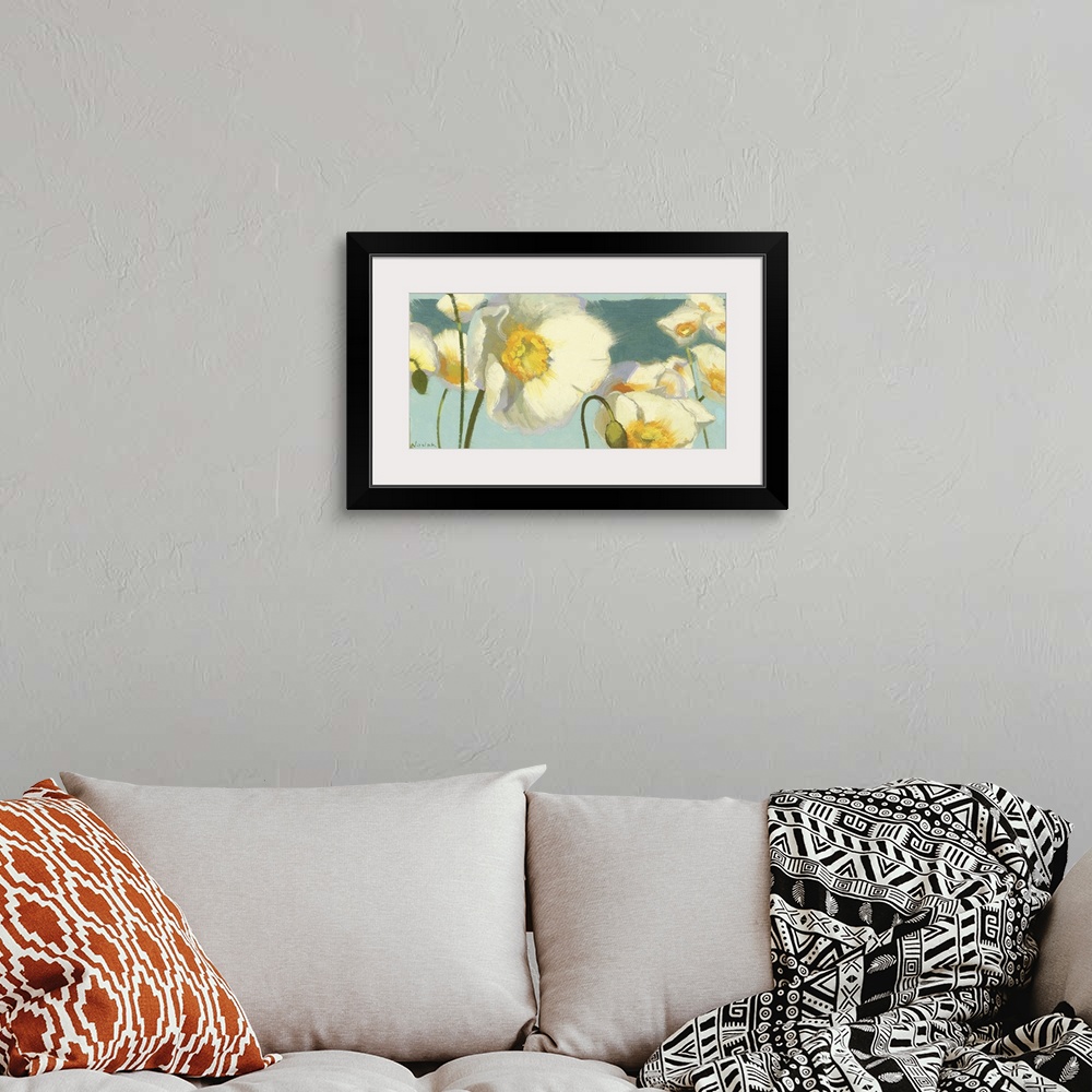 A bohemian room featuring Horizontal, contemporary painting of large white Iceland flowers with golden centers, extending u...
