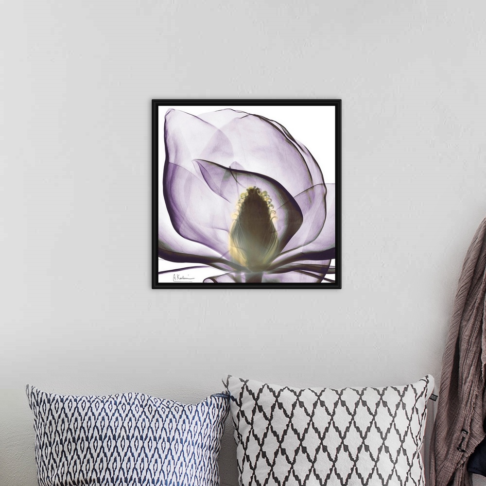 A bohemian room featuring This square wall art is a close-up photograph of a flower blossom.