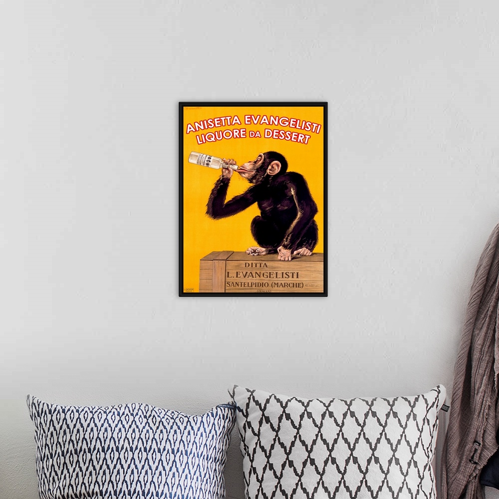 A bohemian room featuring Antique poster print of a monkey sitting on top of a wooden crate drinking a bottle of liquor.