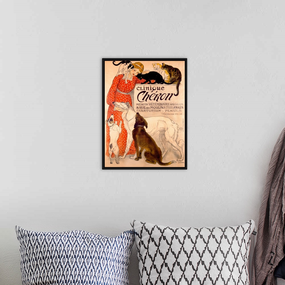 A bohemian room featuring Old advertising poster.  There is an image of a woman surrounded by cats and dogs that are vying ...