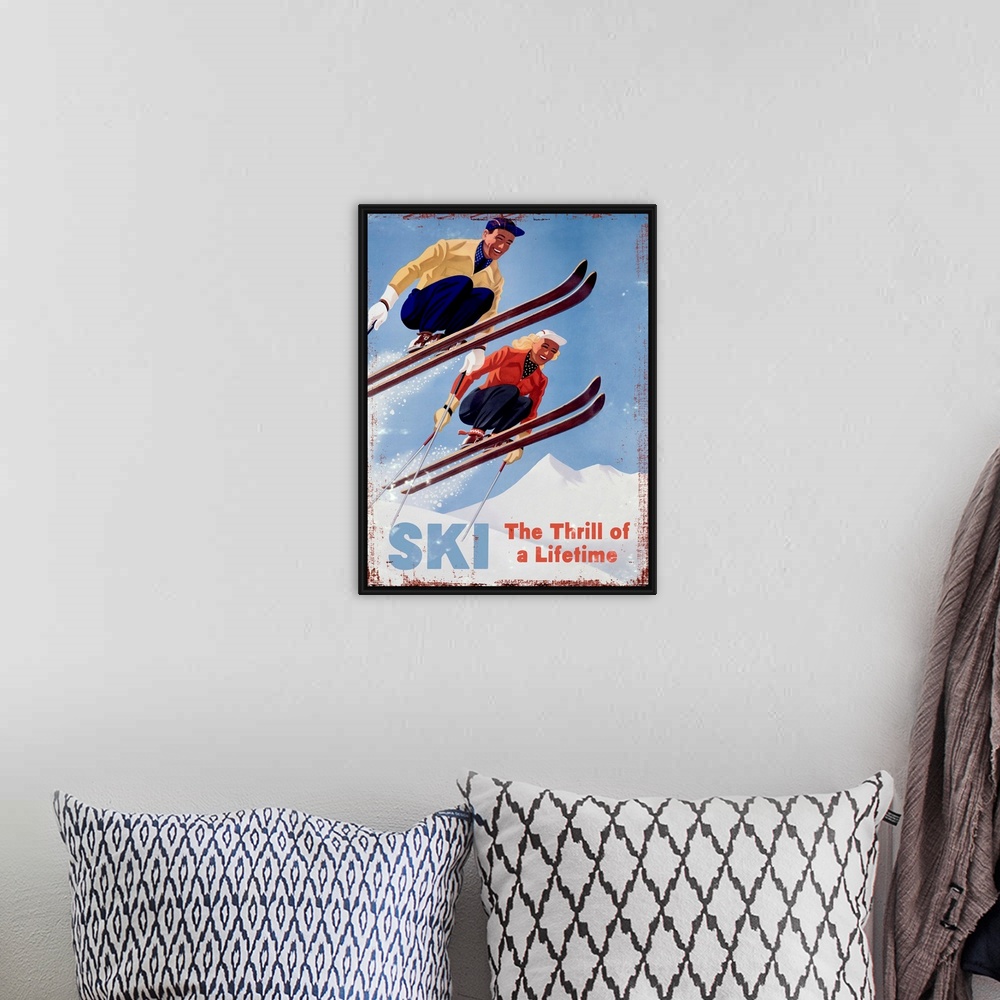 A bohemian room featuring Ski The Thrill of a Lifetime Vintage Advertising Poster