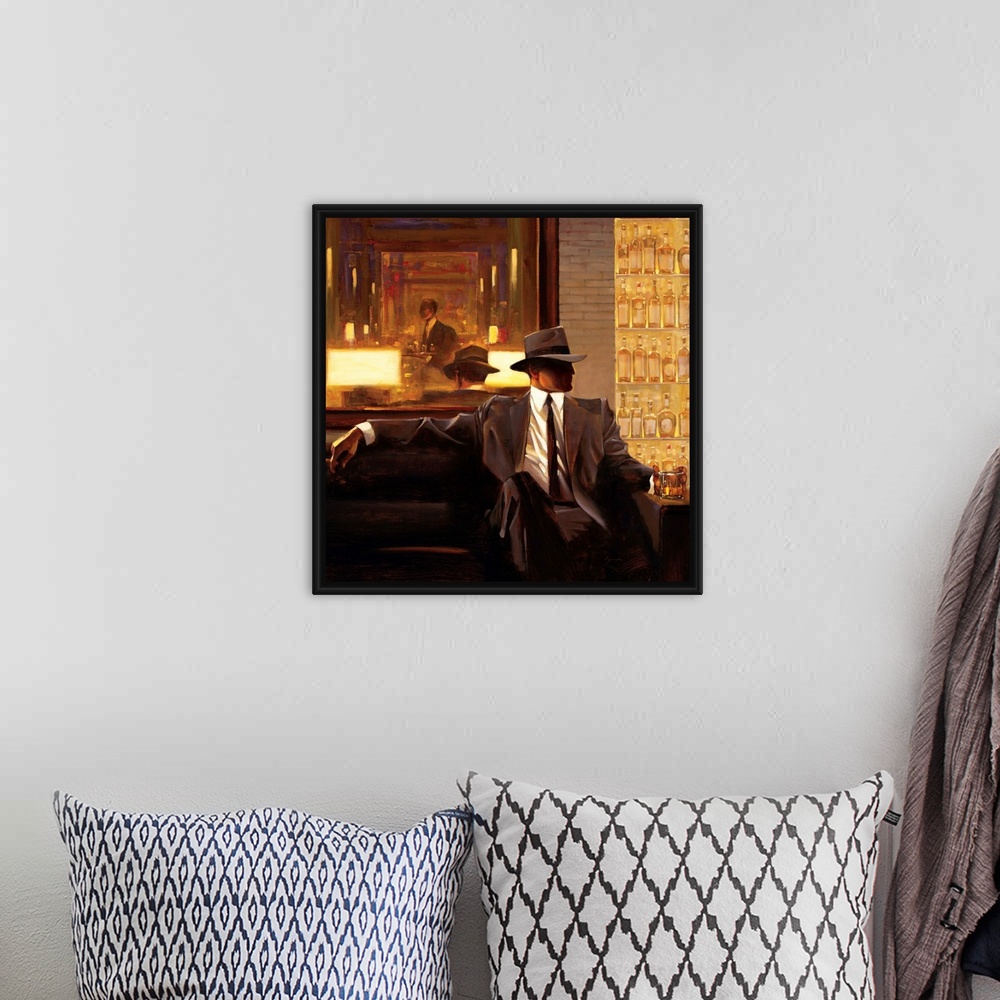 A bohemian room featuring Contemporary painting of man wearing a suit and hat sitting on sofa in a lounge holding a drink i...