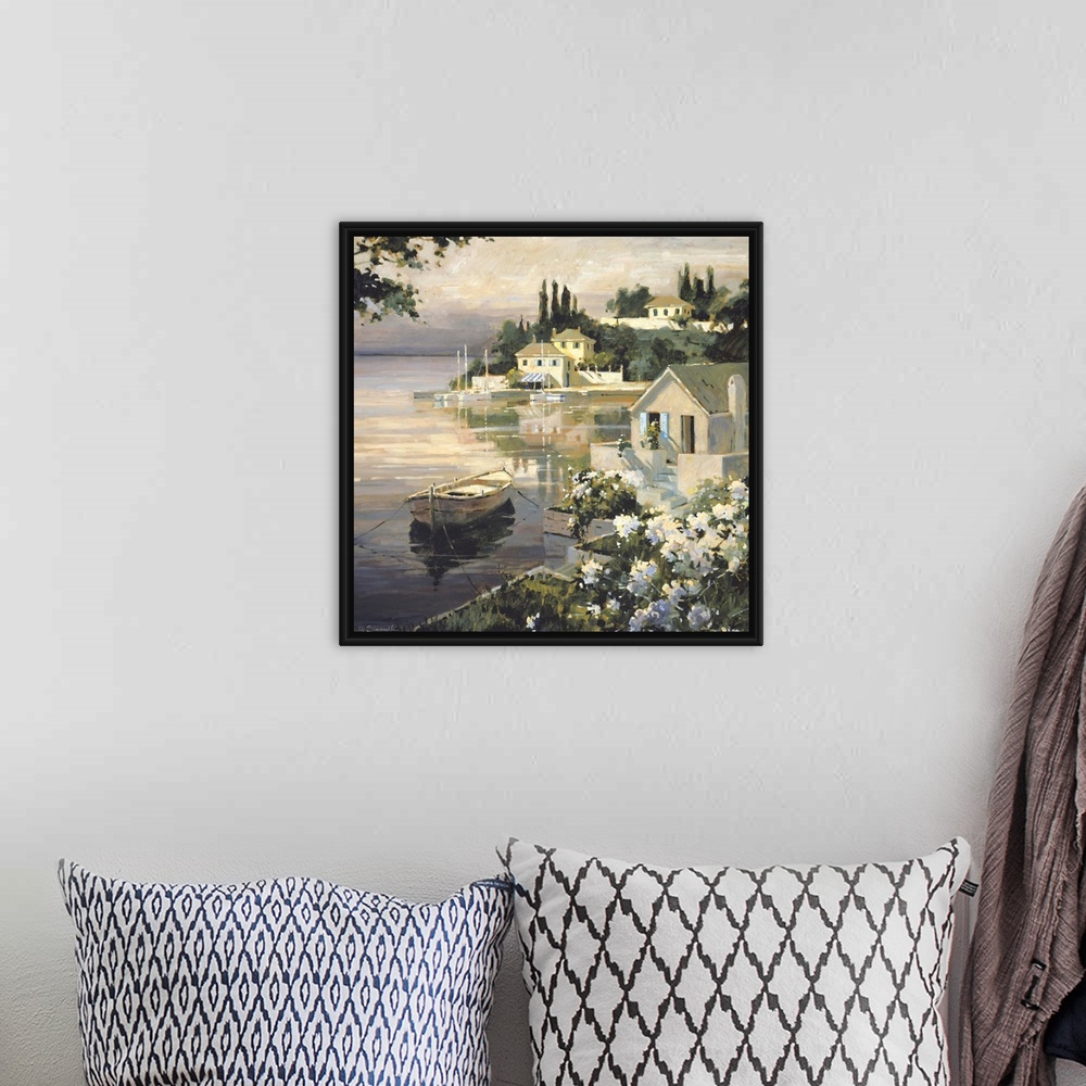 A bohemian room featuring Contemporary painting of a small village harbor, with a white rowboat anchored near the shore.