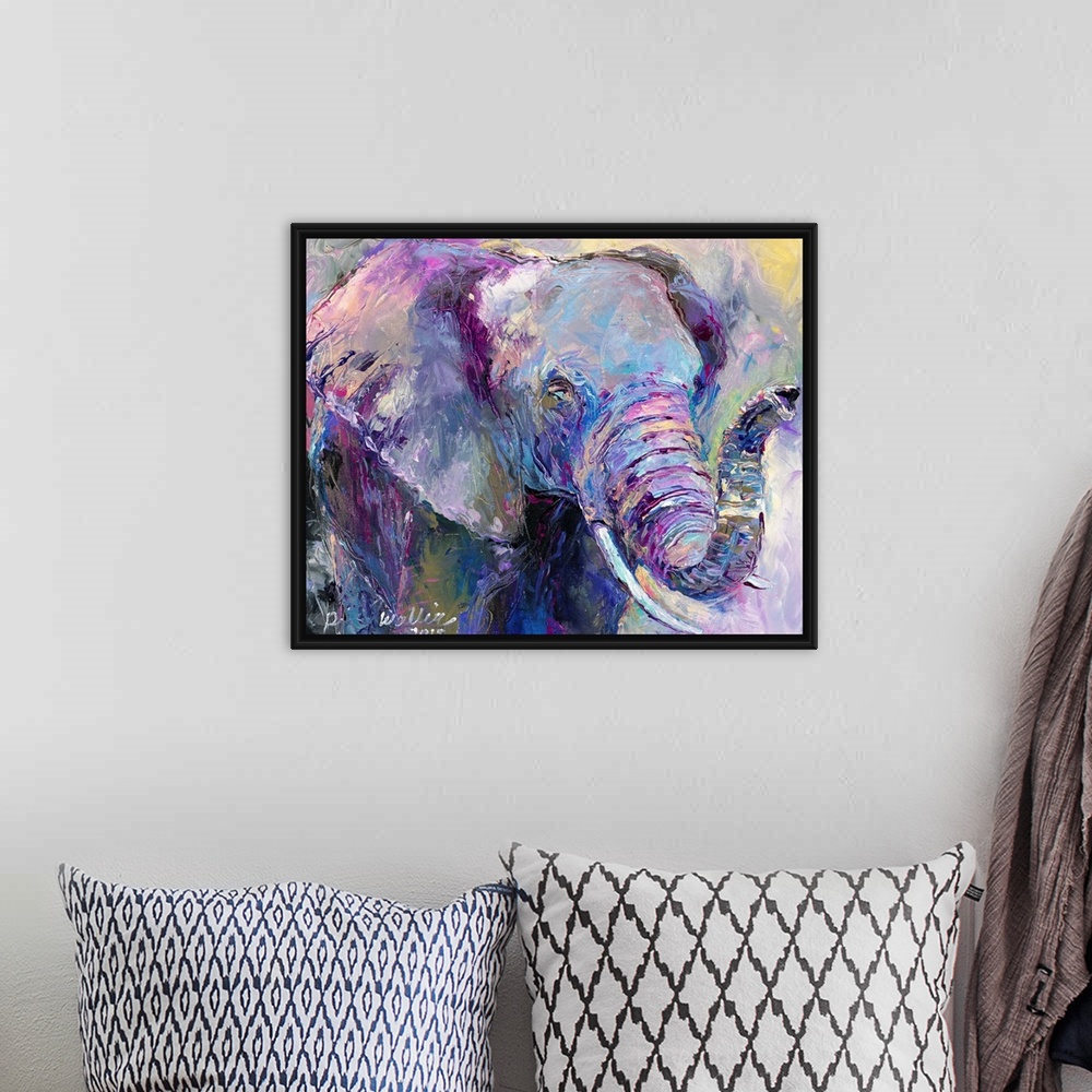 A bohemian room featuring Abstract painting of an elephant with cool tones.