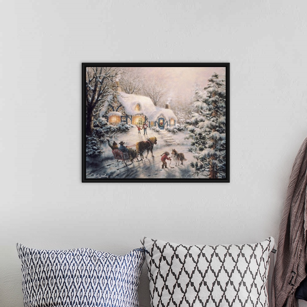A bohemian room featuring Painting of a snow-covered cottage with a horse-drawn sleigh outside. Product is a painting repro...
