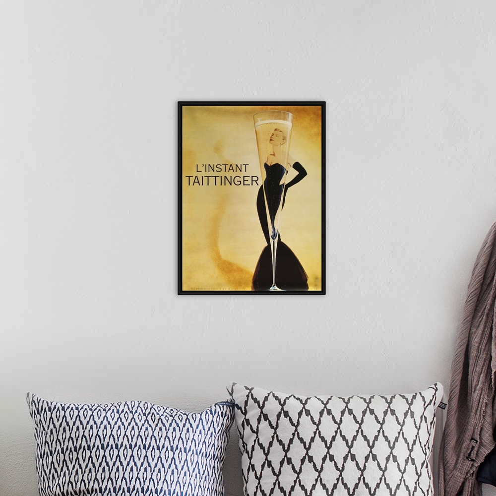 A bohemian room featuring Vintage poster advertisement for L'instant Taittinger.
