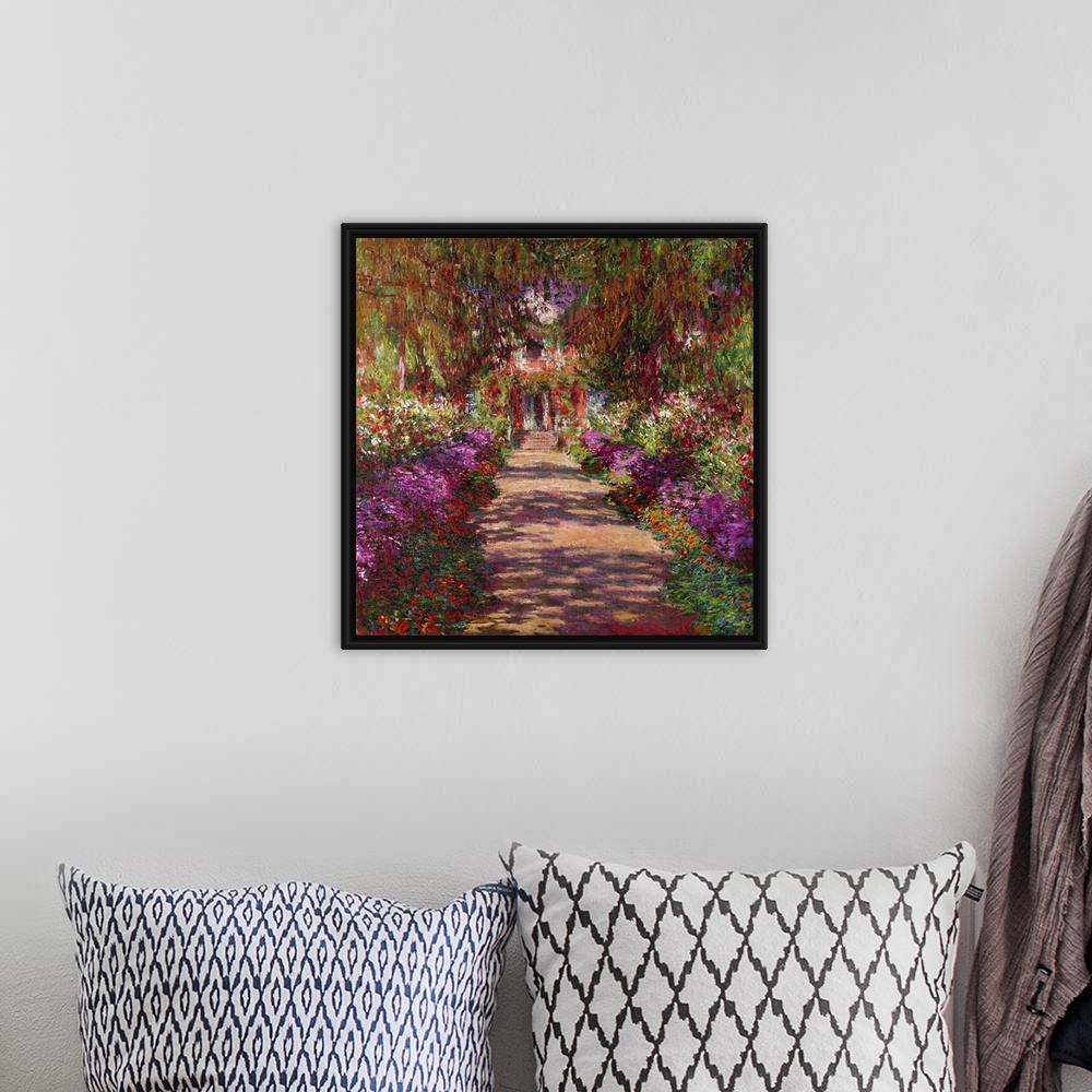 A bohemian room featuring This is an Impressionist painting showing the bright light and mid-day shade of this flower fille...