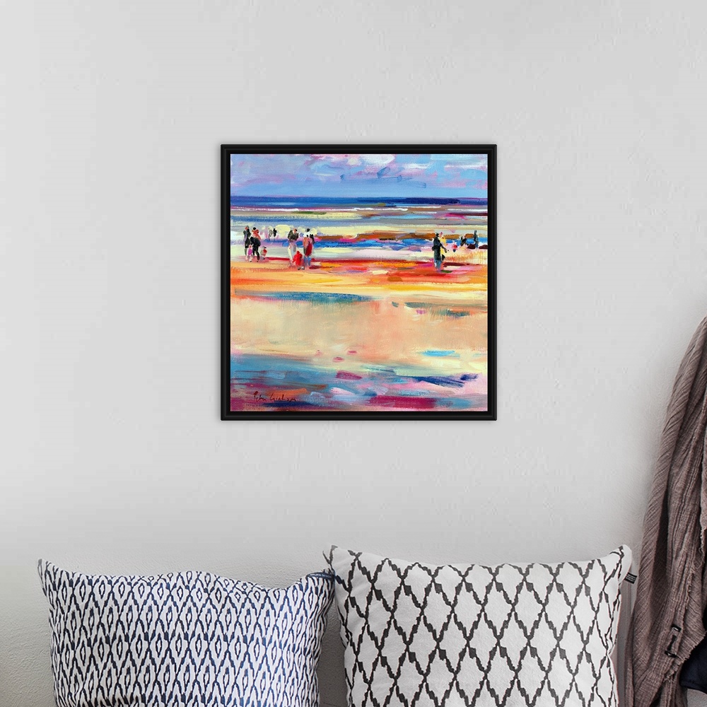 A bohemian room featuring This contemporary abstract painting shows beach goers strolling up and down the shore of the seas...