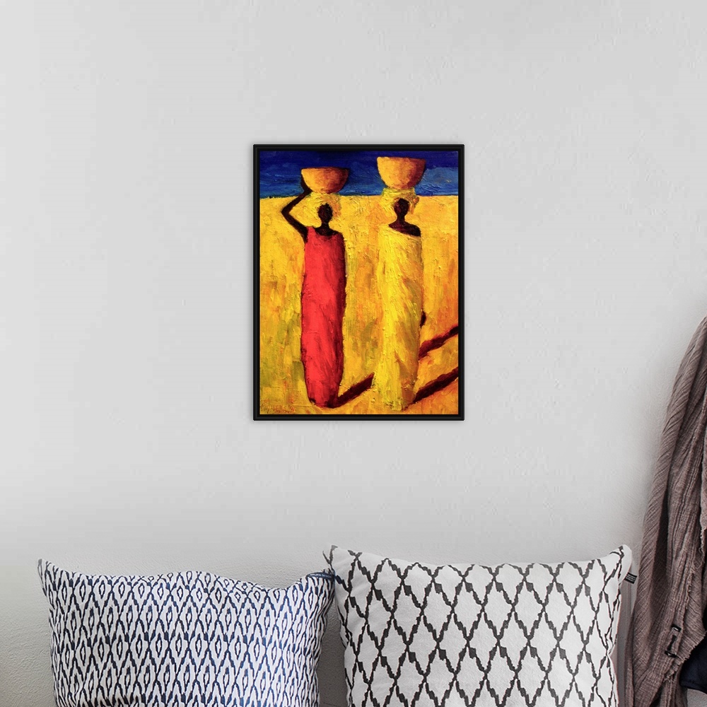 A bohemian room featuring Contemporary oil painting of two African women walking while balancing bowls on their heads.