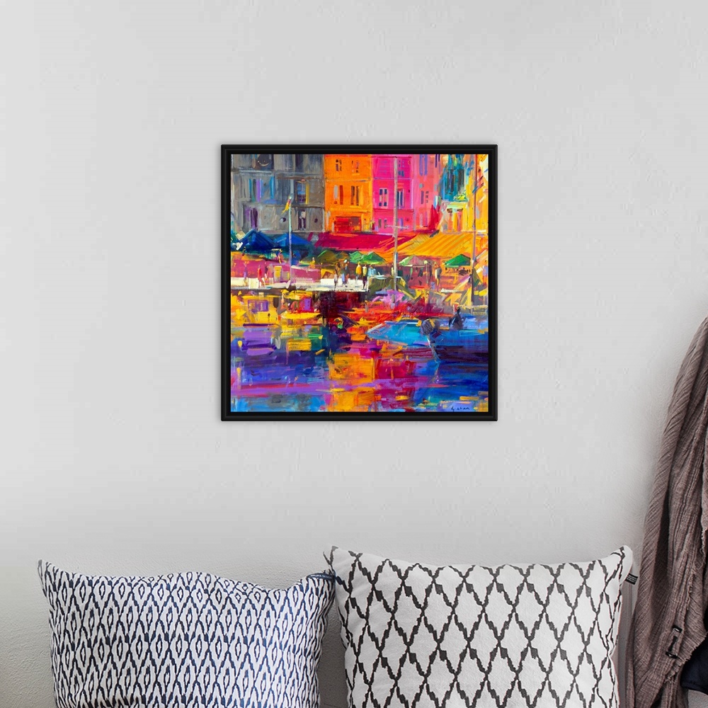 A bohemian room featuring A landscape painting of a harbor painted with impressionistic brushstrokes and vivid unnatural hues.