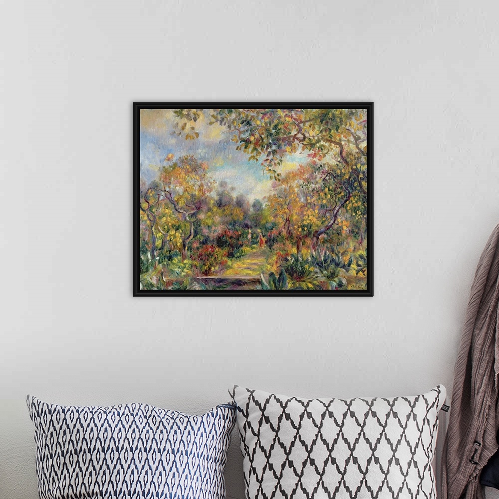 A bohemian room featuring Oil painting of colorful forest on a sunny day.  There is a path grass covered path the leaves ha...