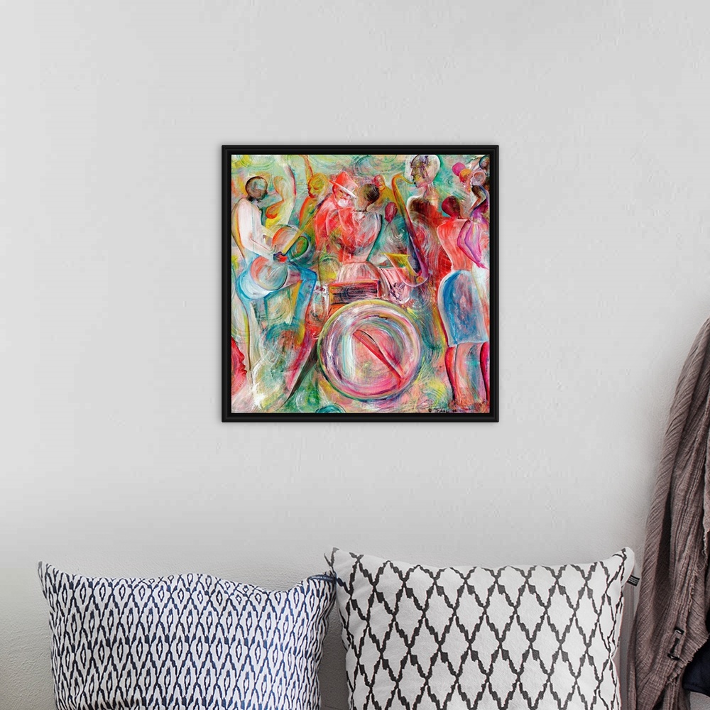 A bohemian room featuring This contemporary art is an abstracting painting of African-American musicians playing jazz instr...
