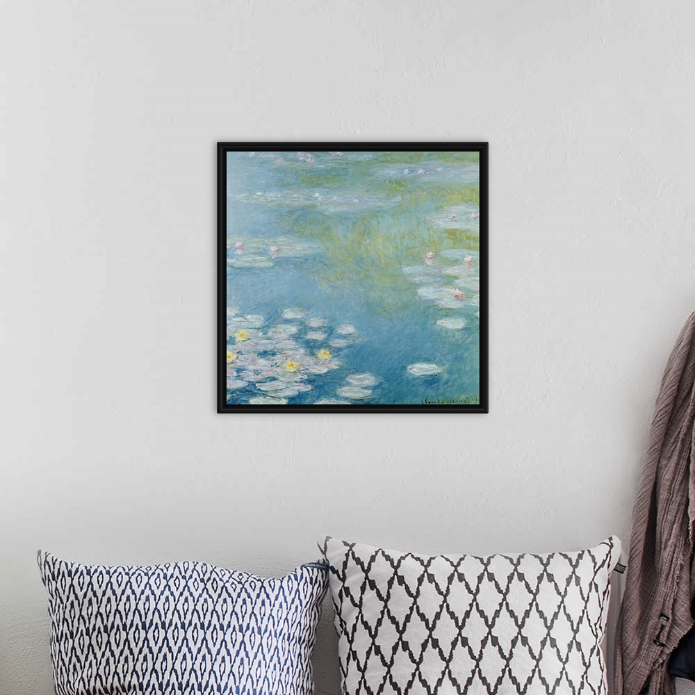 A bohemian room featuring Oversized, square, classic wall painting in the Impressionist style, of a pond with swirling blue...