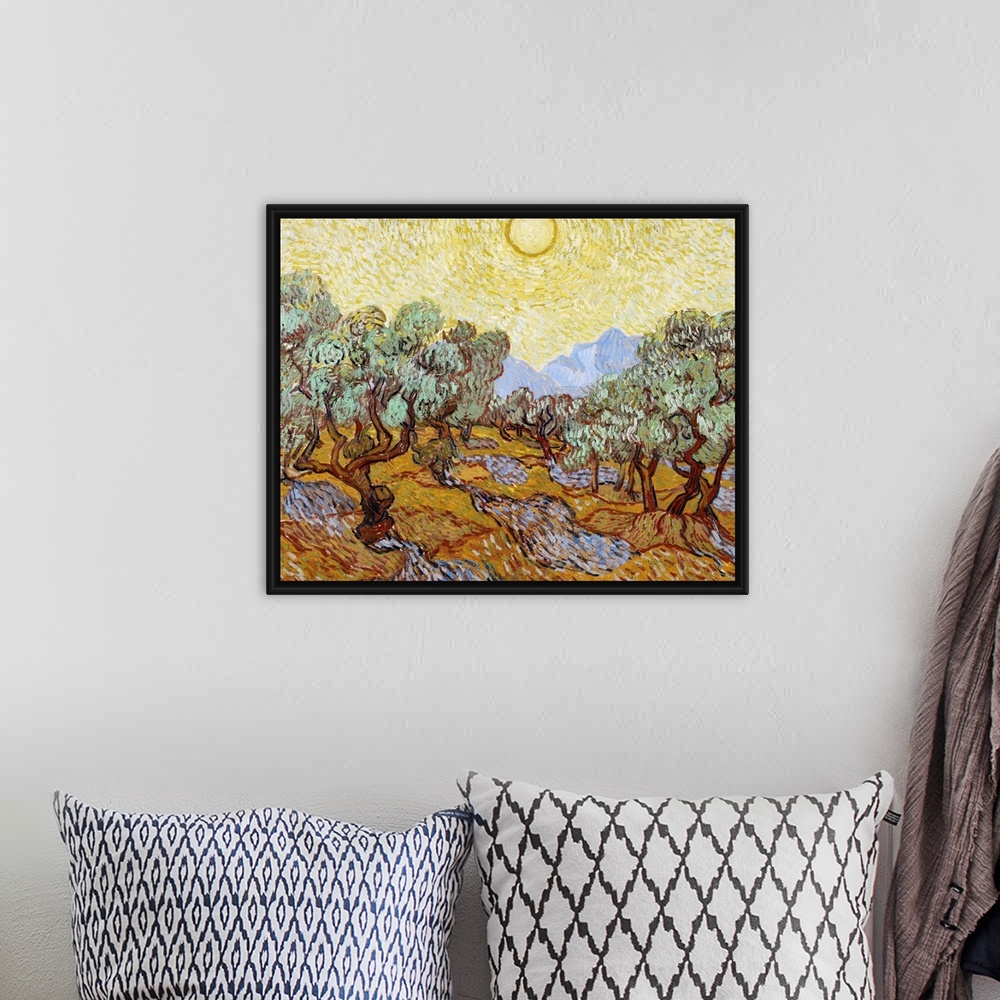 A bohemian room featuring Classical painting of an olive grove with trees in rows and the blazing sun creating shadows on t...