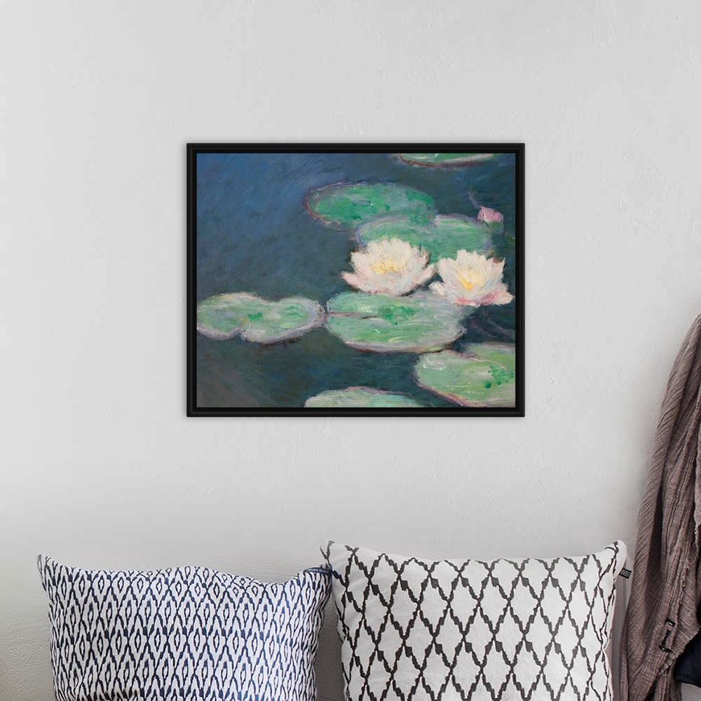 A bohemian room featuring Huge classic art focuses on a group of lily pads sitting on a quiet body of water.