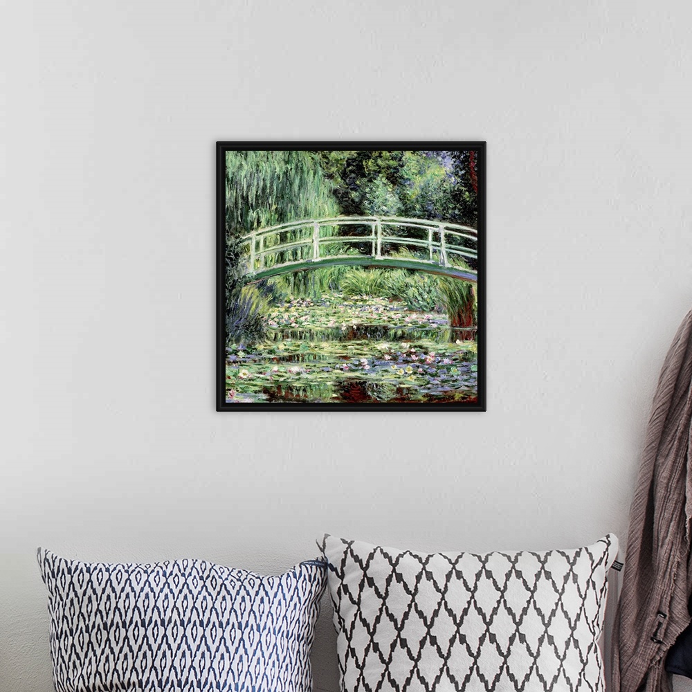 A bohemian room featuring Square artwork of an Impressionist painting of the garden at Givernyos landscape.
