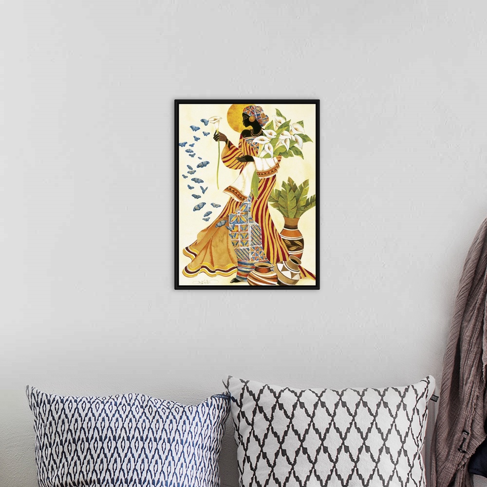 A bohemian room featuring An African woman in a beautiful patterned robes holding white lilies and looking at butterflies.