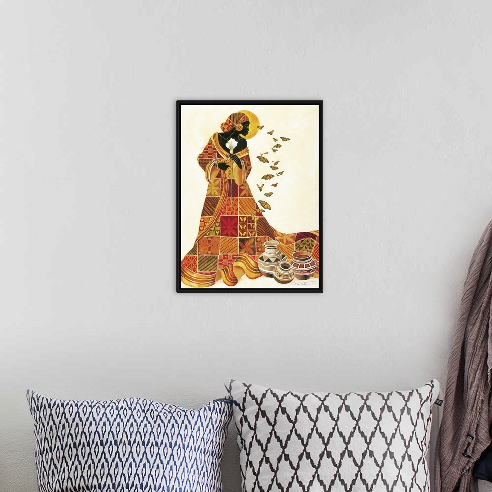 A bohemian room featuring Artwork of an African woman in a patterned orange robe holding a flower and looking at butterflies.